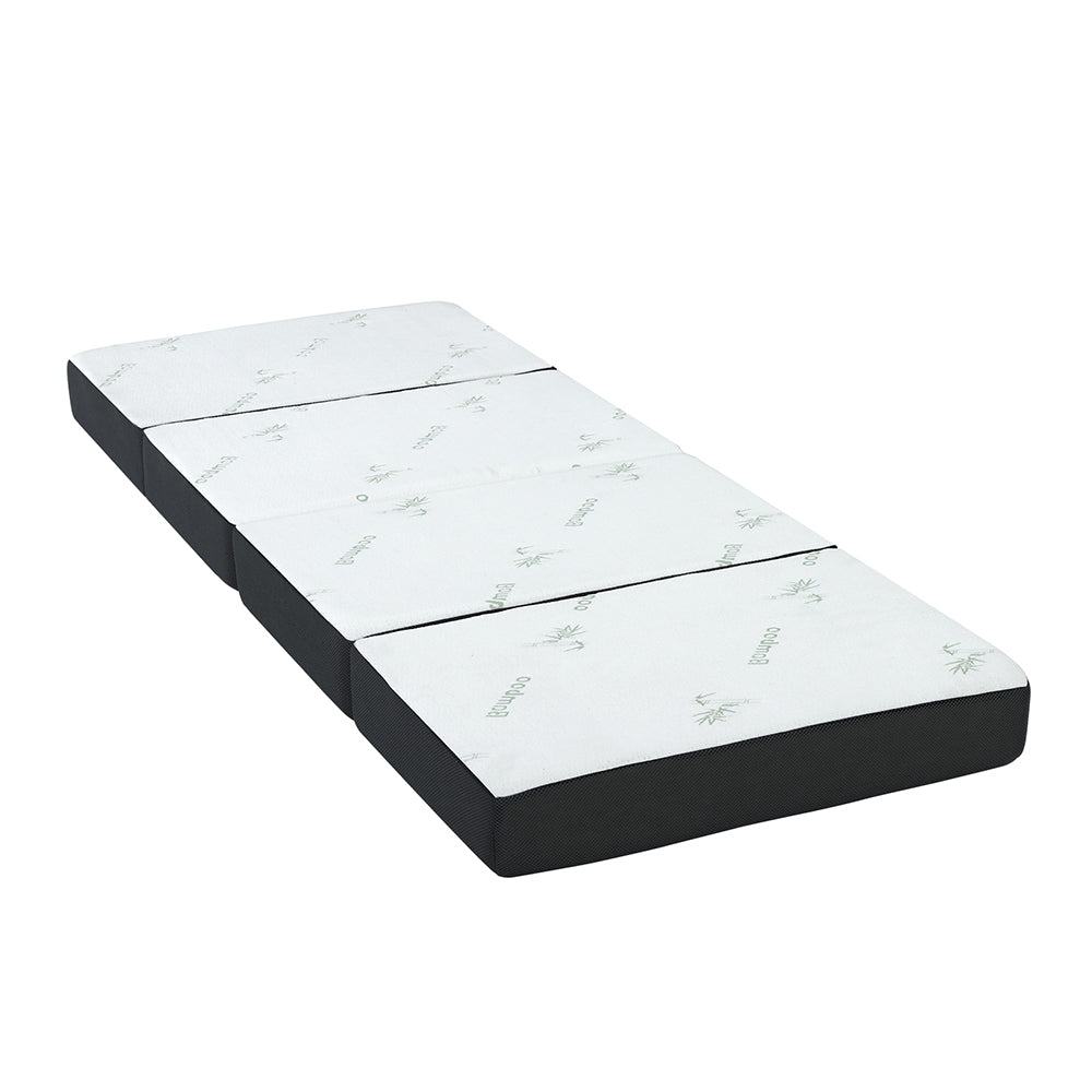 Giselle Bedding Portable Mattress in white and grey, showcasing its foldable design and bamboo fabric cover.