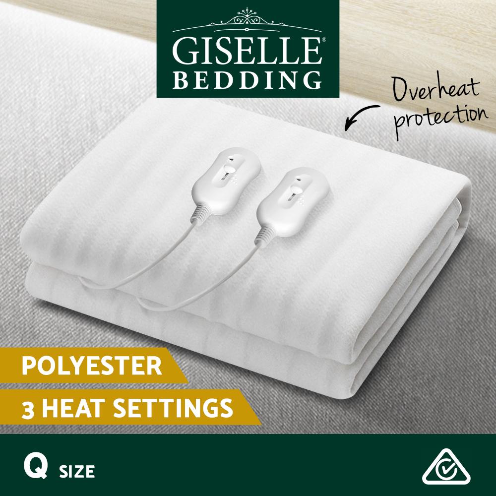 Giselle Bedding Queen Size Electric Blanket in white, showcasing its soft polyester fabric and detachable remote controls.