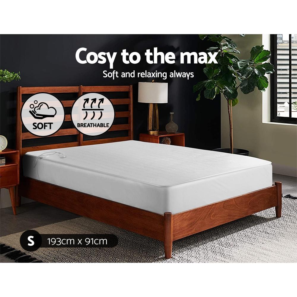 Giselle Bedding Single Size Electric Blanket in white, showcasing its soft polyester fabric and detachable controller.