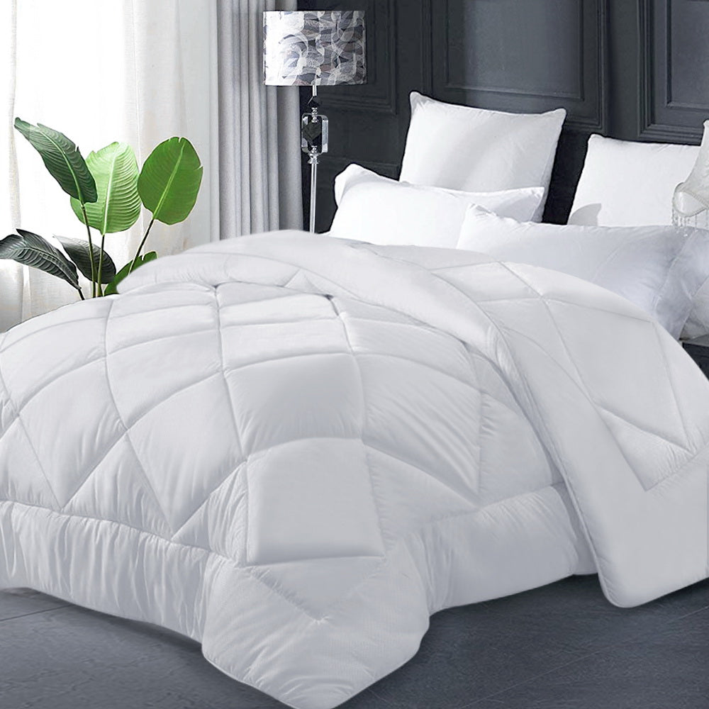 Giselle Bedding Super King 400GSM Microfibre Bamboo Quilt with diamond stitch design, showcasing its soft microfibre cover and spacious dimensions.