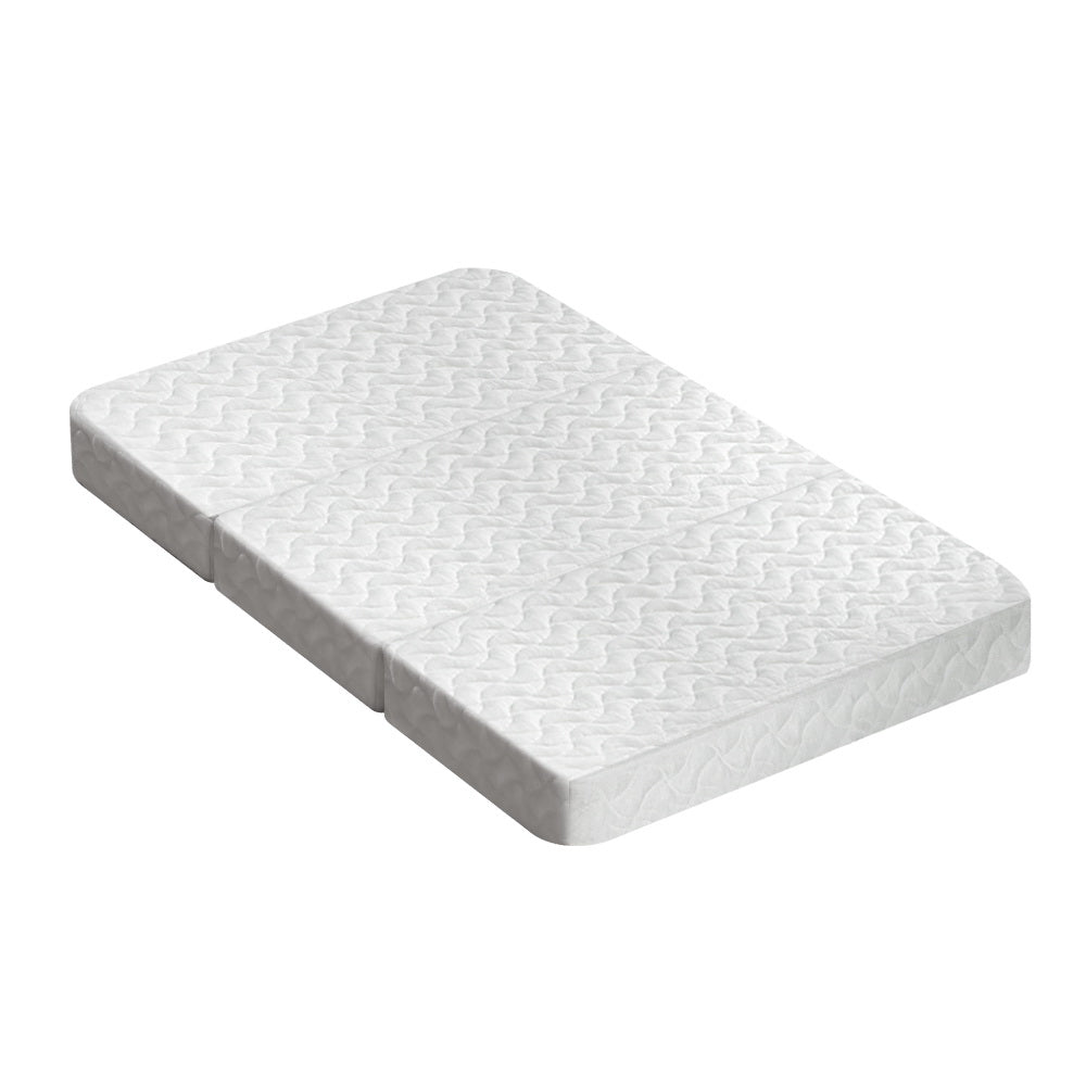 Giselle Foldable Mattress in white, showcasing its three-fold design and soft bamboo fabric cover, ideal for travel cots.