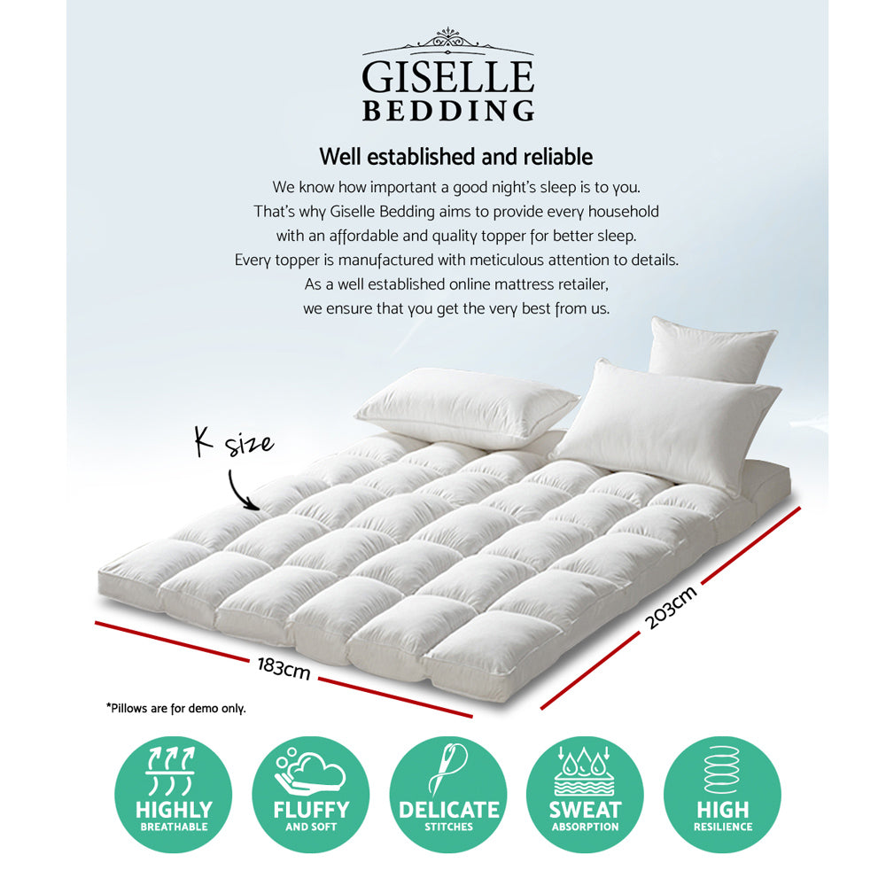 Giselle King Mattress Topper with Pillowtop design, featuring plush 1000GSM microfibre filling for enhanced comfort and support.
