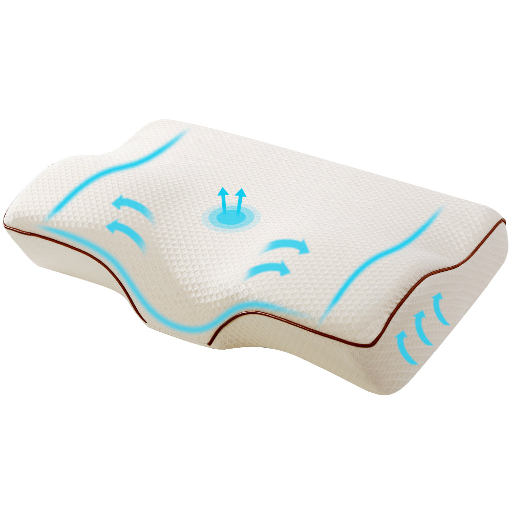Giselle Memory Foam Pillow featuring a butterfly shape for neck support, made of high-density foam with a removable cover.