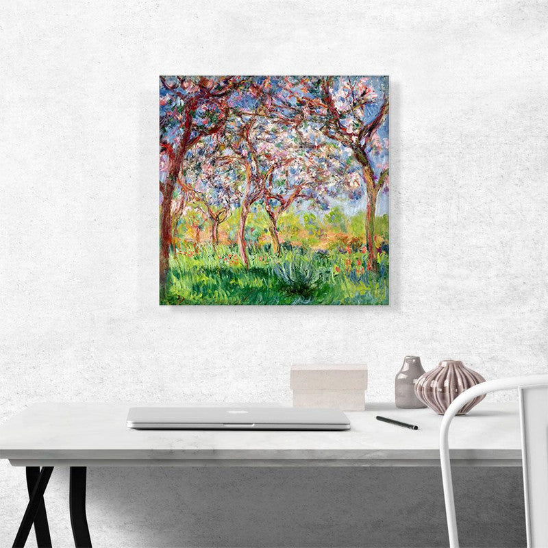 A vibrant canvas print depicting Giverny in Springtime, showcasing blooming flowers and lush greenery.