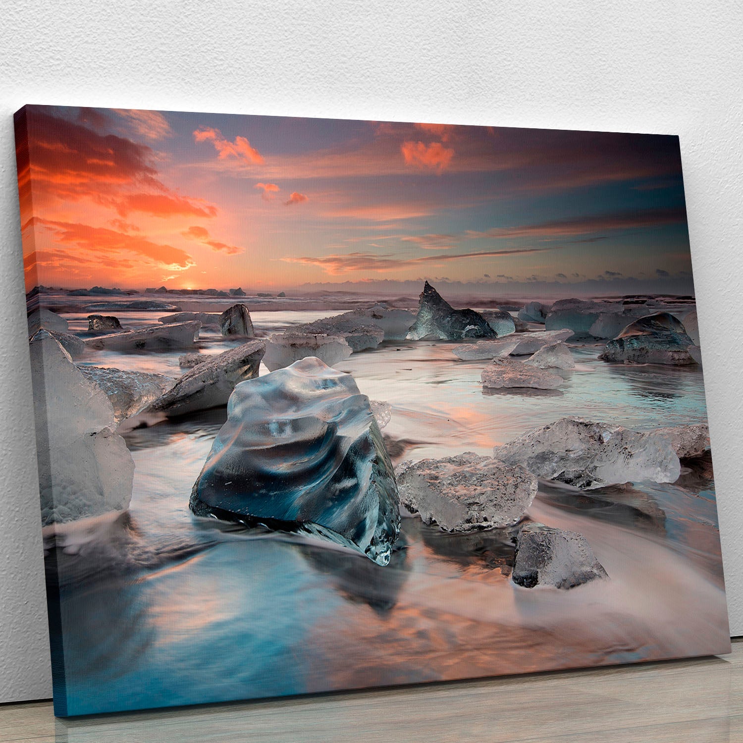 A beautiful canvas print of Glacial Lagoon Beach showcasing serene glacial landscapes and vibrant colors, perfect for home decor.