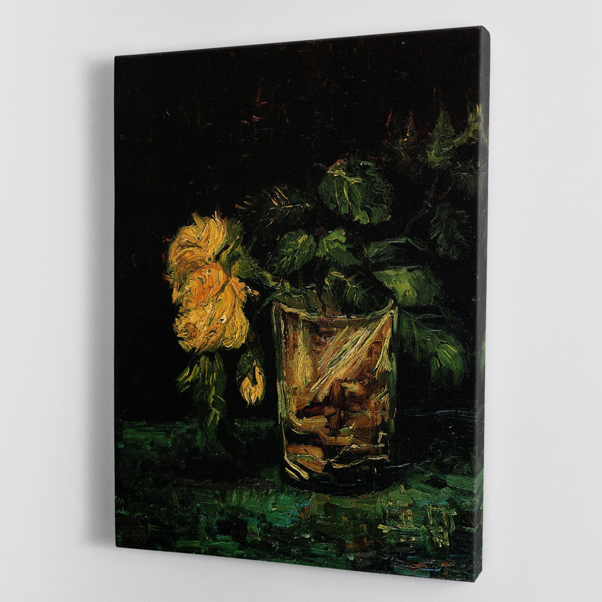 Canvas print of Van Gogh's Glass with Roses, featuring vibrant colors and intricate floral details, perfect for home decor.