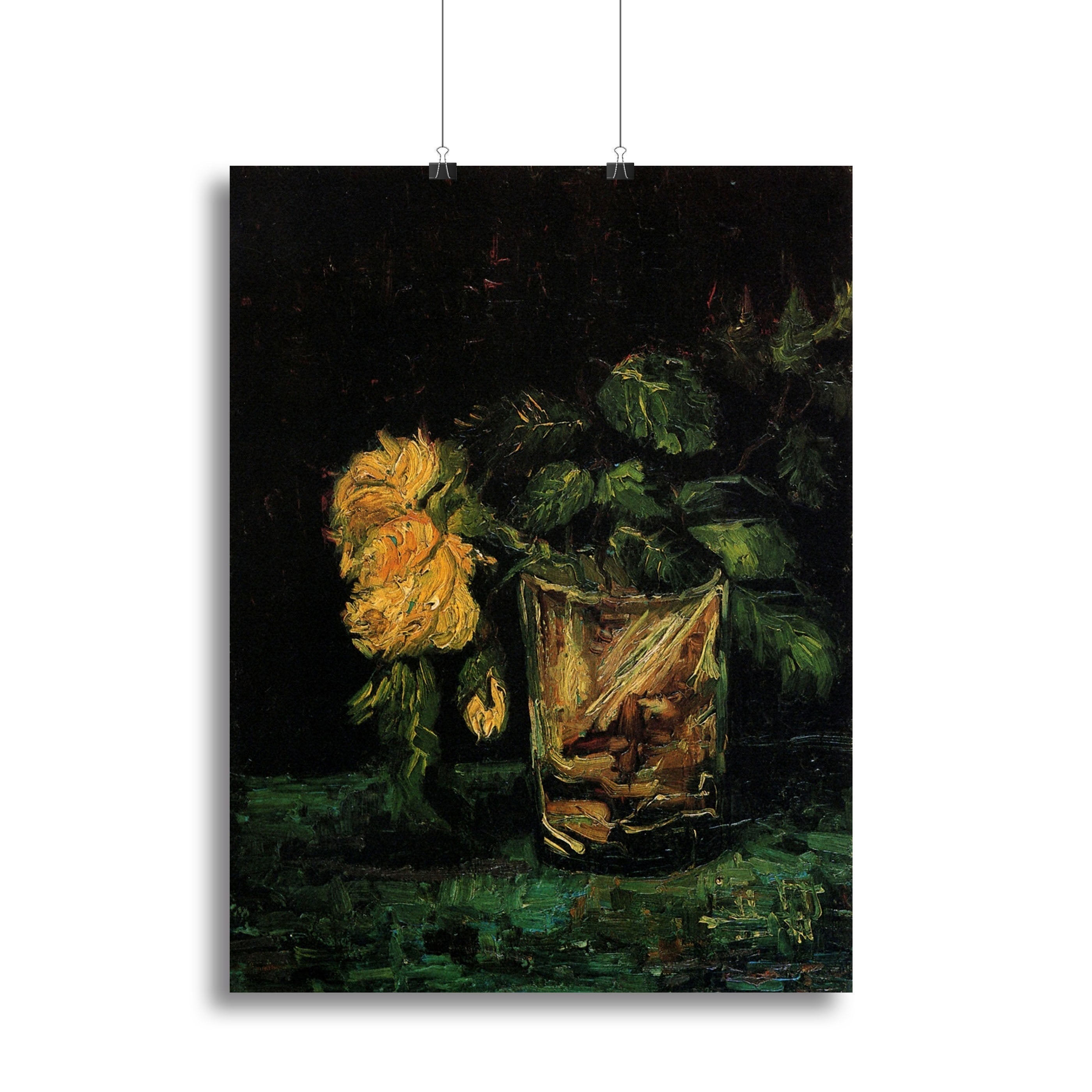 Canvas print of Van Gogh's Glass with Roses, featuring vibrant colors and intricate floral details, perfect for home decor.