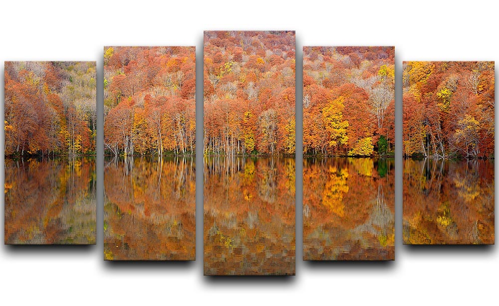 A vibrant 5-panel canvas artwork depicting glowing autumn leaves in rich colors, creating a stunning visual display.