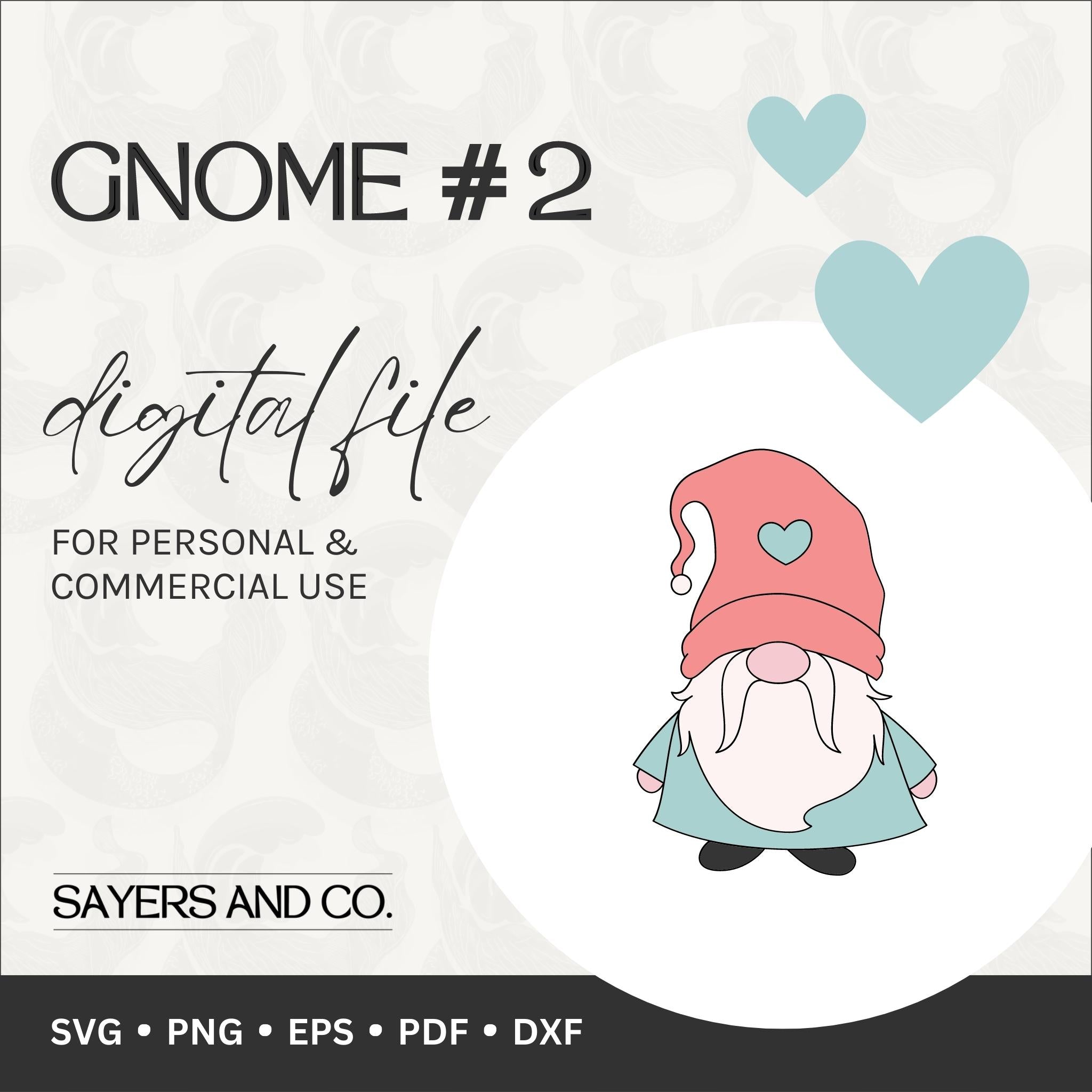 Gnome #2 digital files showcasing whimsical winter designs in SVG, PNG, EPS, PDF, and DXF formats for holiday crafting.