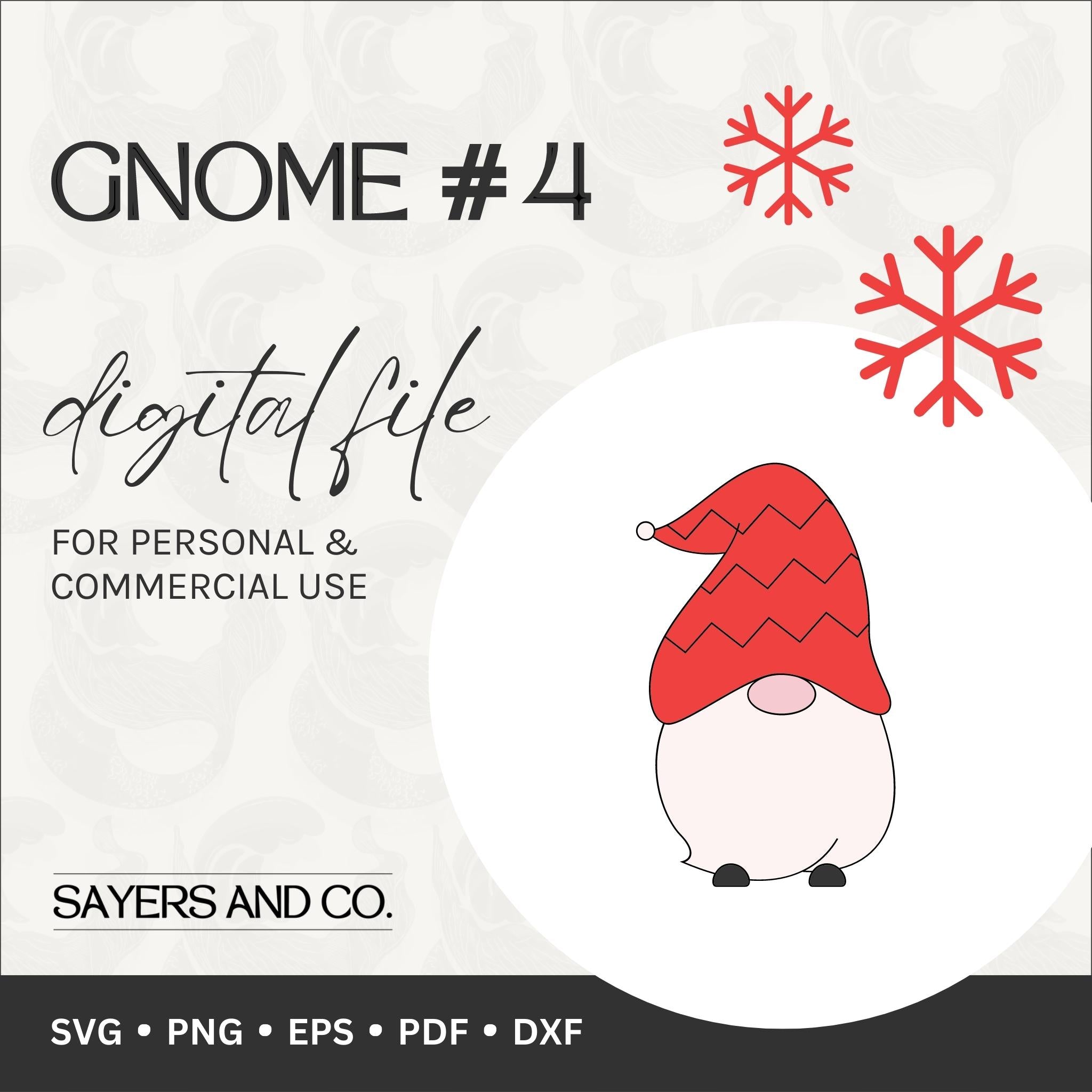 Whimsical Gnome #4 digital files in various formats including SVG, PNG, EPS, PDF, and DXF, perfect for holiday crafting.