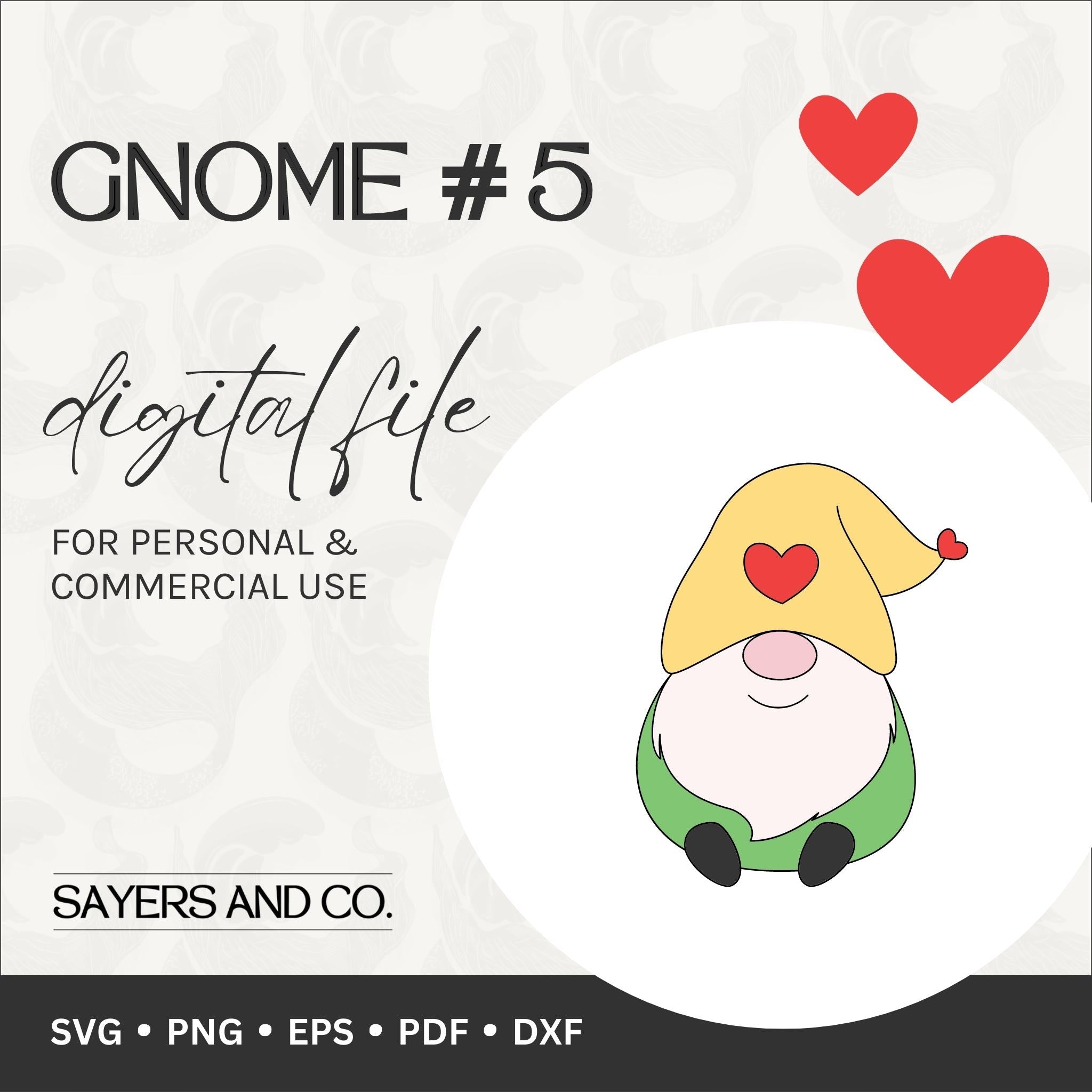 Gnome #5 digital files displayed in various formats including SVG, PNG, EPS, PDF, and DXF, showcasing whimsical winter designs for holiday crafting.