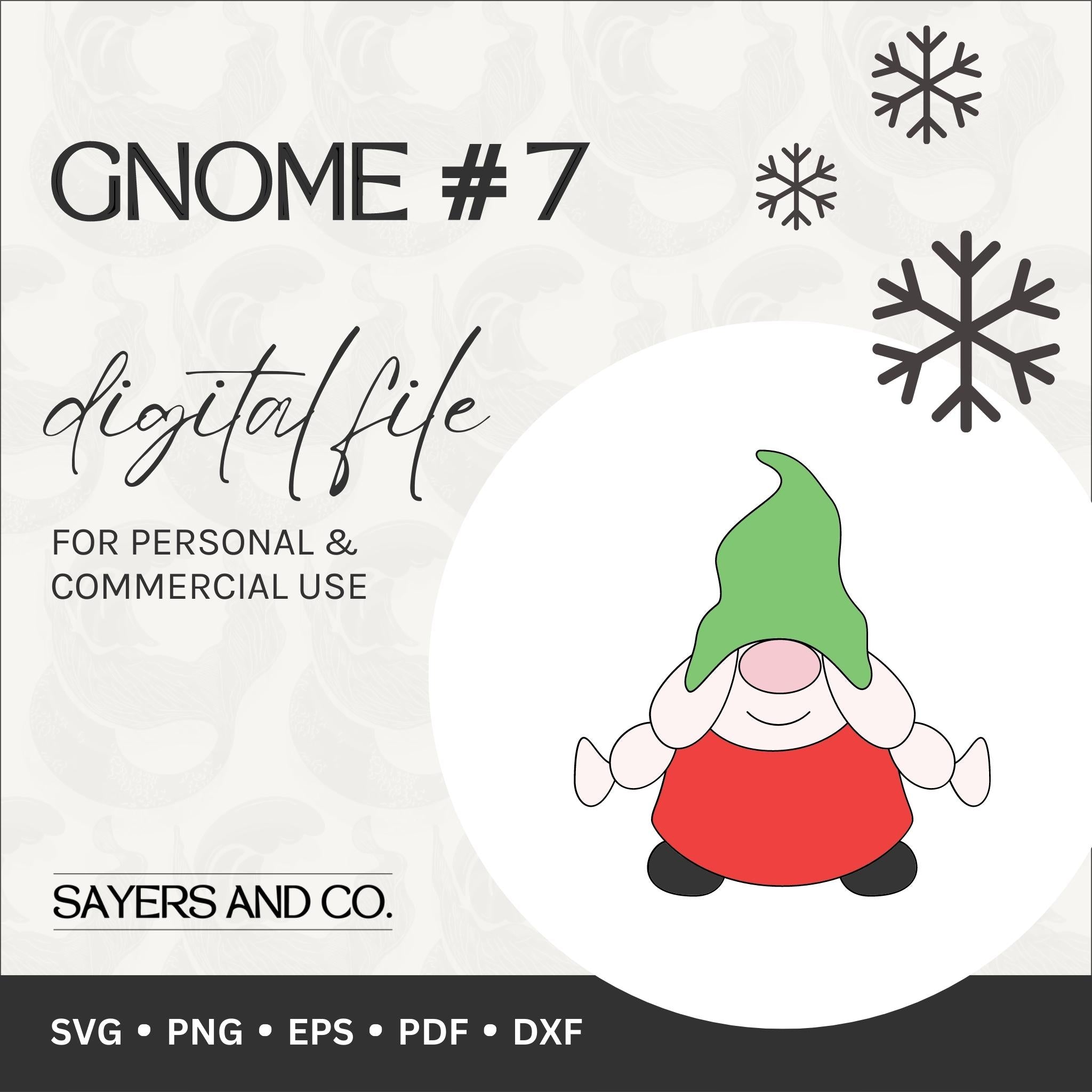Whimsical Gnome #7 digital design files in SVG, PNG, EPS, PDF, and DXF formats, perfect for holiday crafting and personalized gifts.