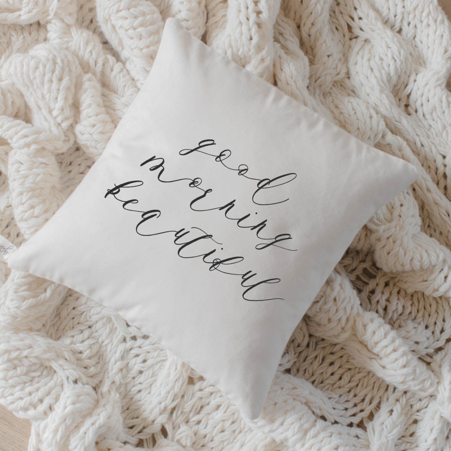 Good Morning Beautiful Pillow featuring elegant calligraphy on soft cotton fabric, available in white and natural colors.