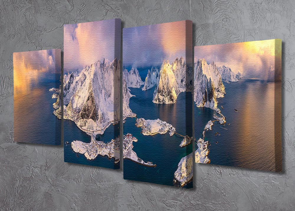 Good Morning, Lofoten 4 Split Panel Canvas showcasing a stunning landscape divided into four panels, perfect for home decor.