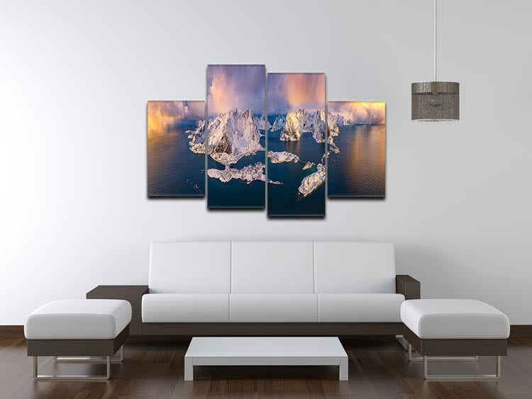 Good Morning, Lofoten 4 Split Panel Canvas showcasing a stunning landscape divided into four panels, perfect for home decor.