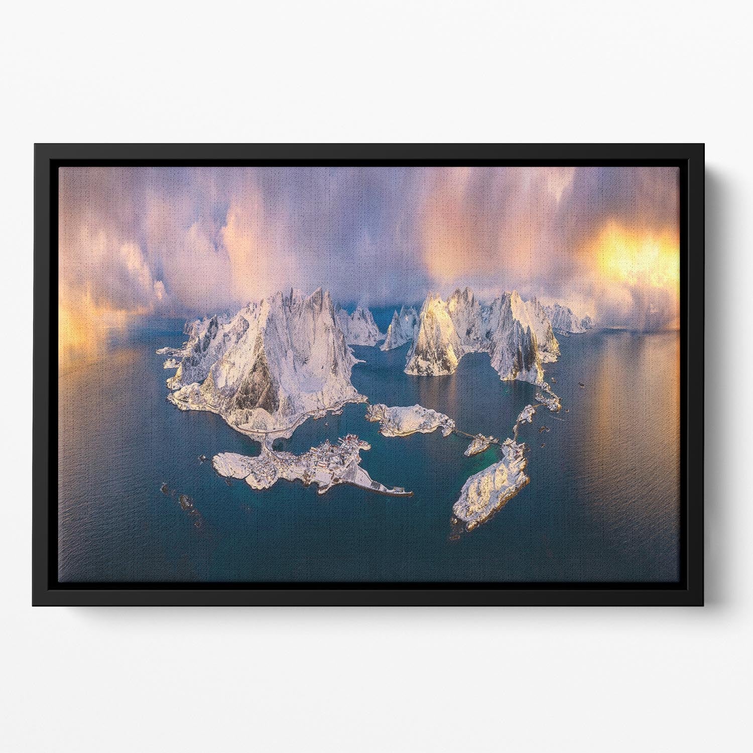 Good Morning, Lofoten Floating Framed Canvas featuring vibrant abstract art in a handcrafted wooden frame.