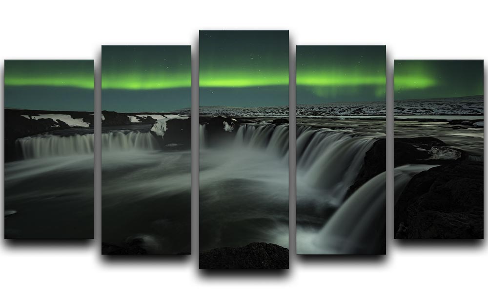 Godafoss 5 Split Panel Canvas artwork featuring a stunning landscape divided into five panels, creating a cohesive and dynamic visual display.