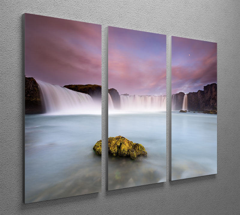 A stunning 3-panel canvas print featuring Godafoss waterfall and the moon, showcasing vibrant colors and intricate details.