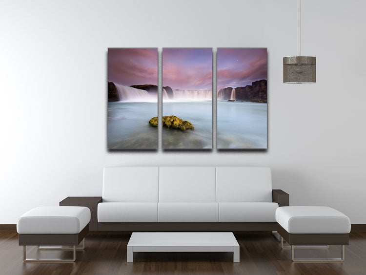 A stunning 3-panel canvas print featuring Godafoss waterfall and the moon, showcasing vibrant colors and intricate details.