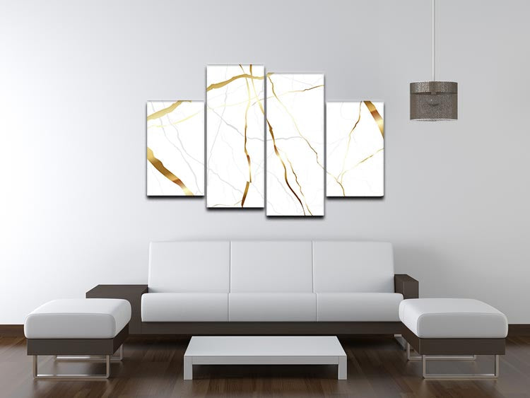 Gold and white veined marble artwork displayed as a 4 split panel canvas, showcasing elegant design and modern decor.