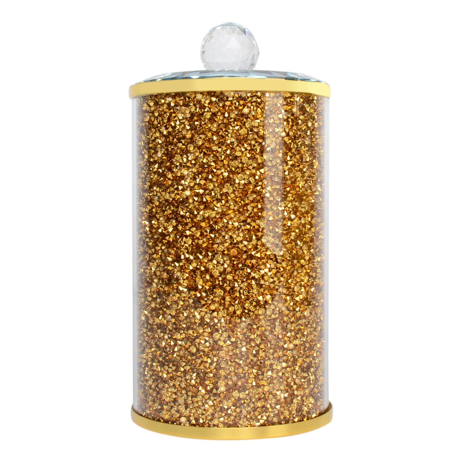 Gold Crushed Diamond Glass Canister with decorative gold base and glass lid, elegantly packaged in a gift box.