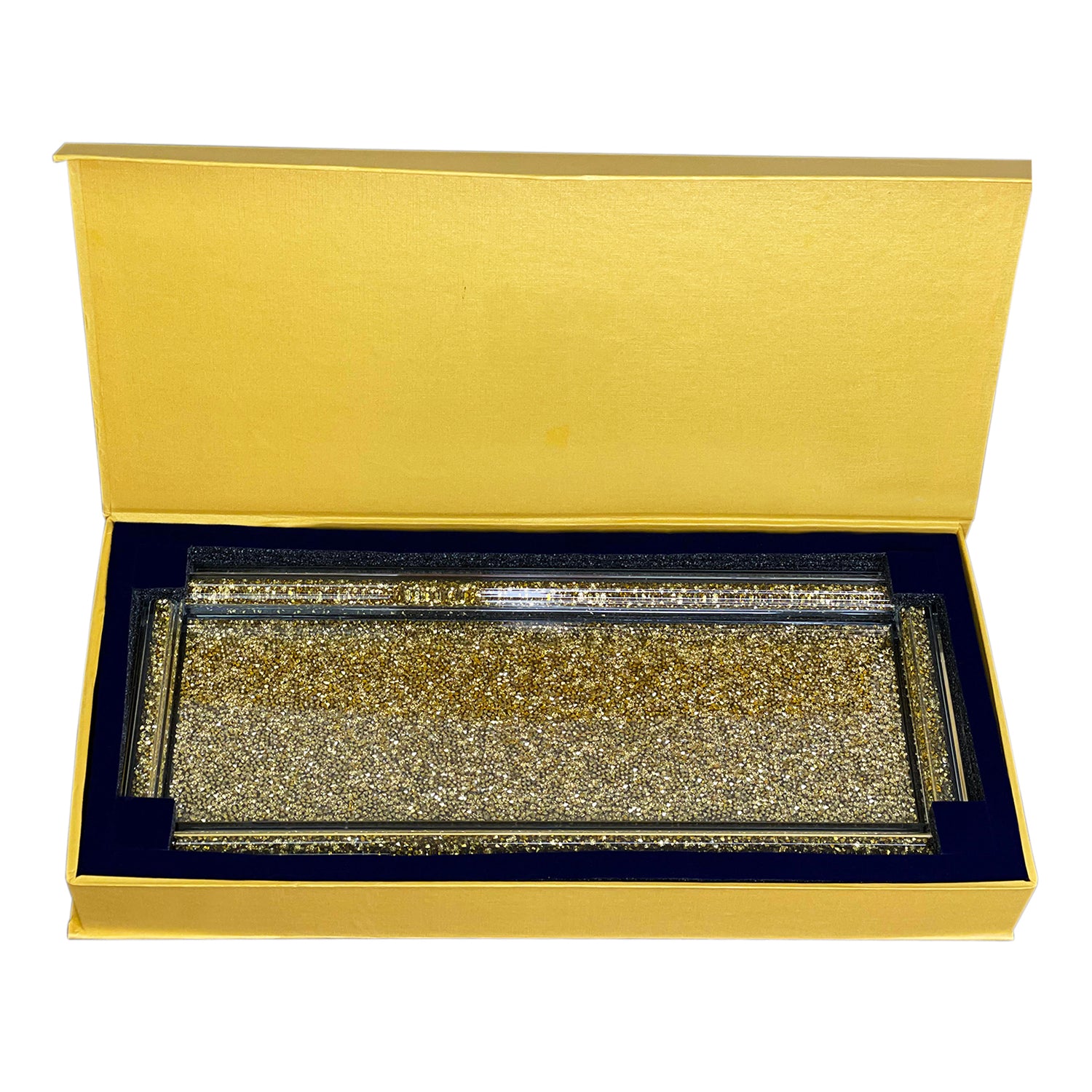 Gold Crushed Diamond Glass Tray elegantly displayed in a gift box, showcasing its luxurious design and sparkling details.