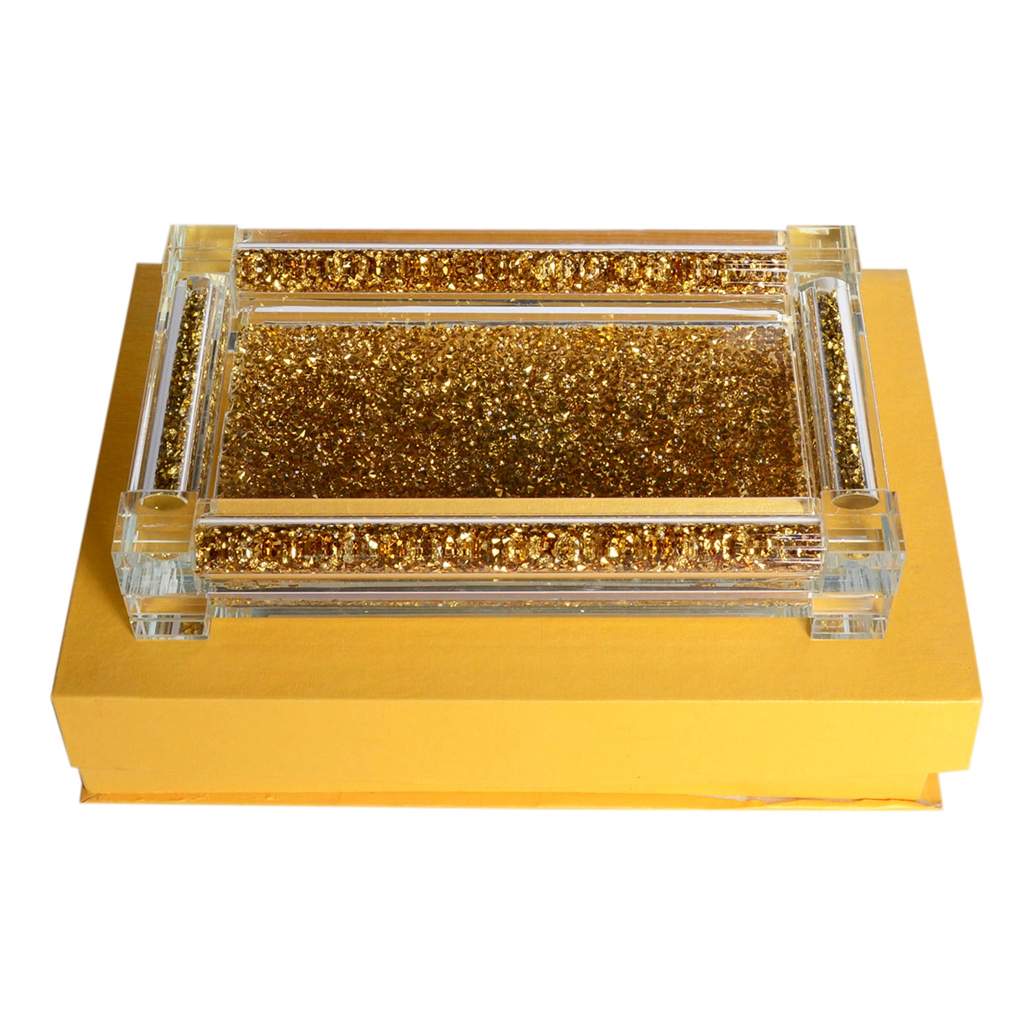 Gold Crushed Diamond Glass Tray elegantly displayed in a gift box, showcasing its luxurious design and sparkling details.