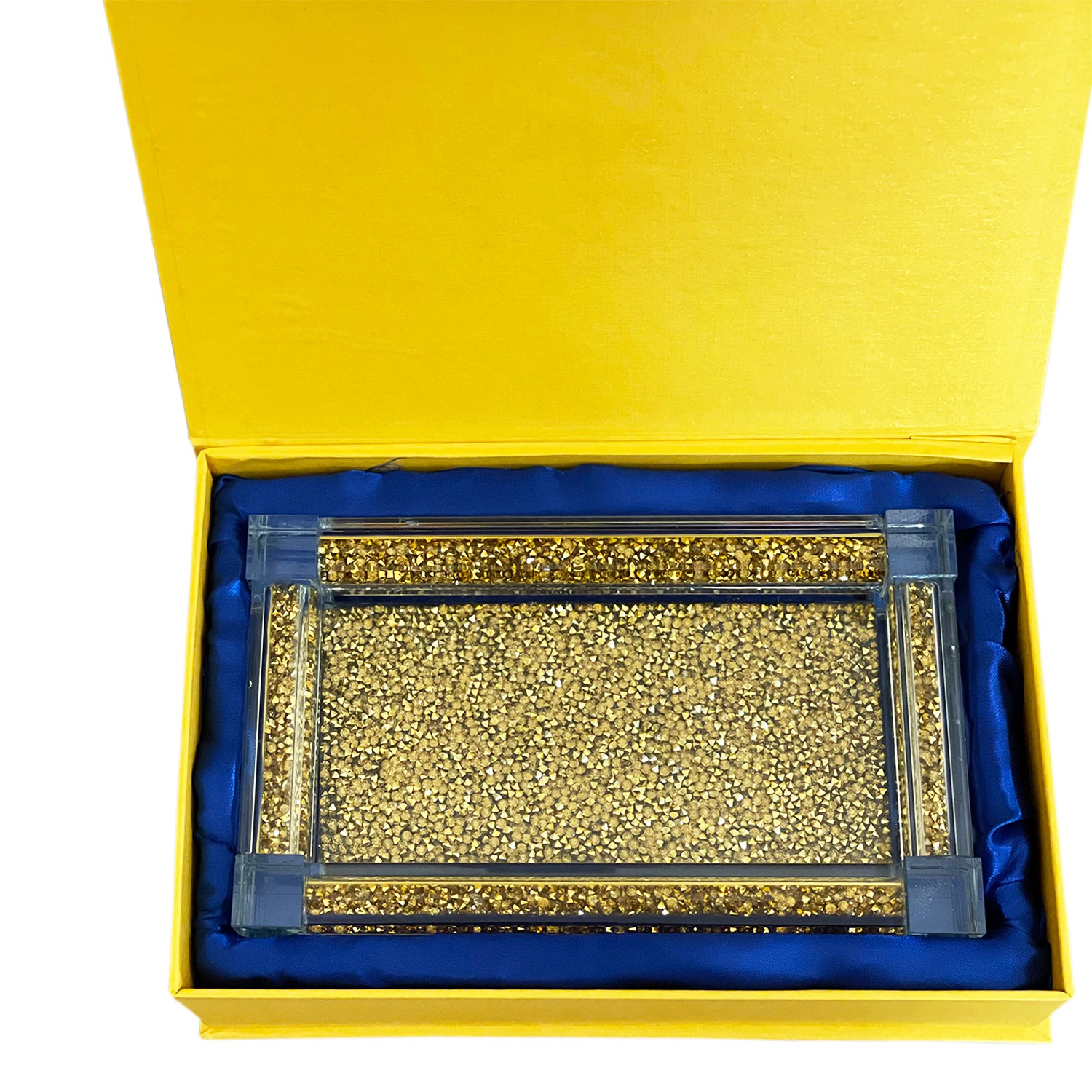 Gold Crushed Diamond Glass Tray elegantly displayed in a gift box, showcasing its luxurious design and sparkling details.