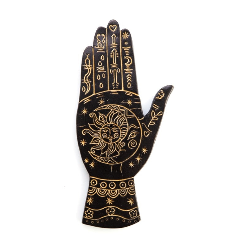 Black hand-shaped incense burner with gold palmistry details, designed for incense sticks.
