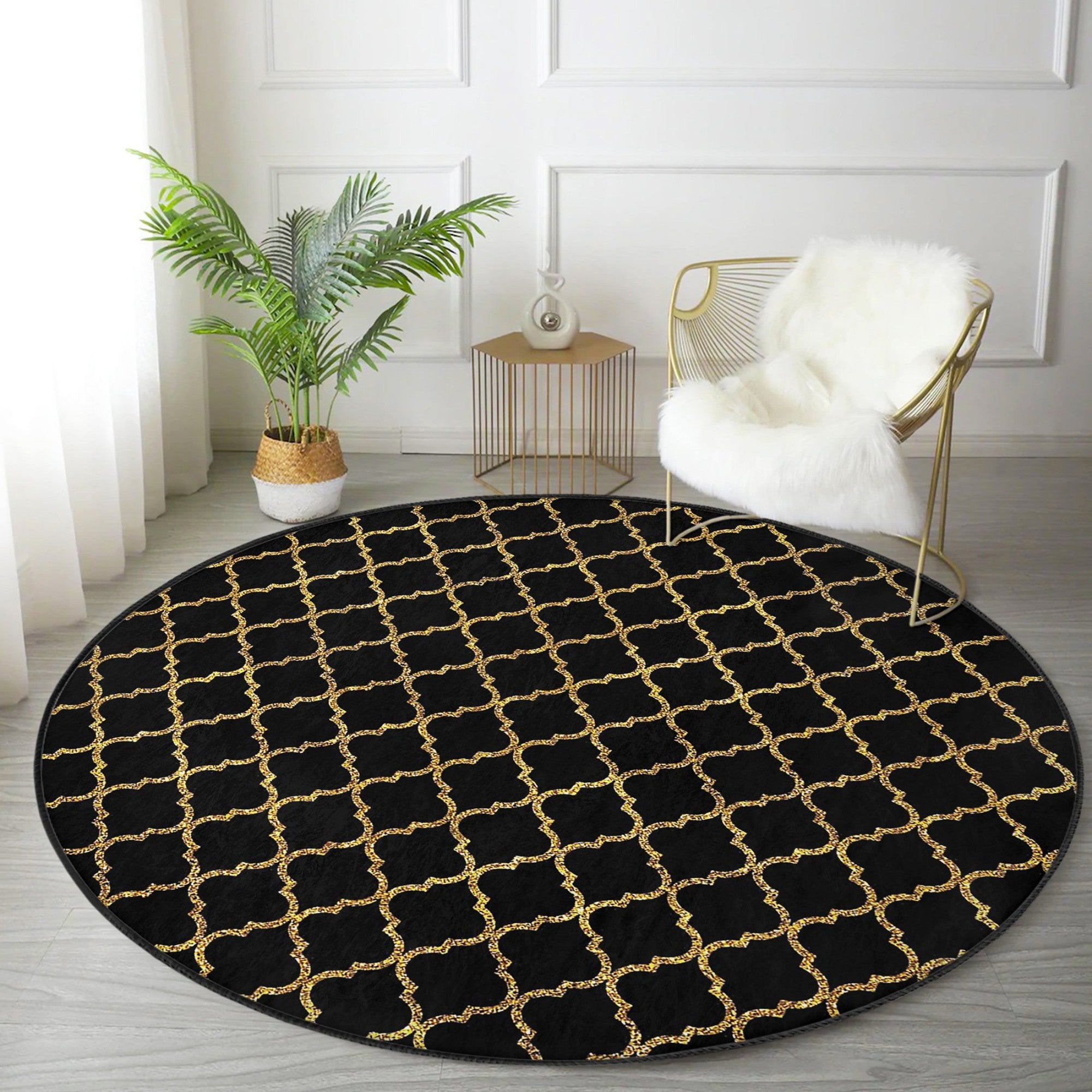 Gold Pattern on Black Colour Washable Round Rug showcasing an elegant design with a striking gold pattern on a black background, perfect for home decor.