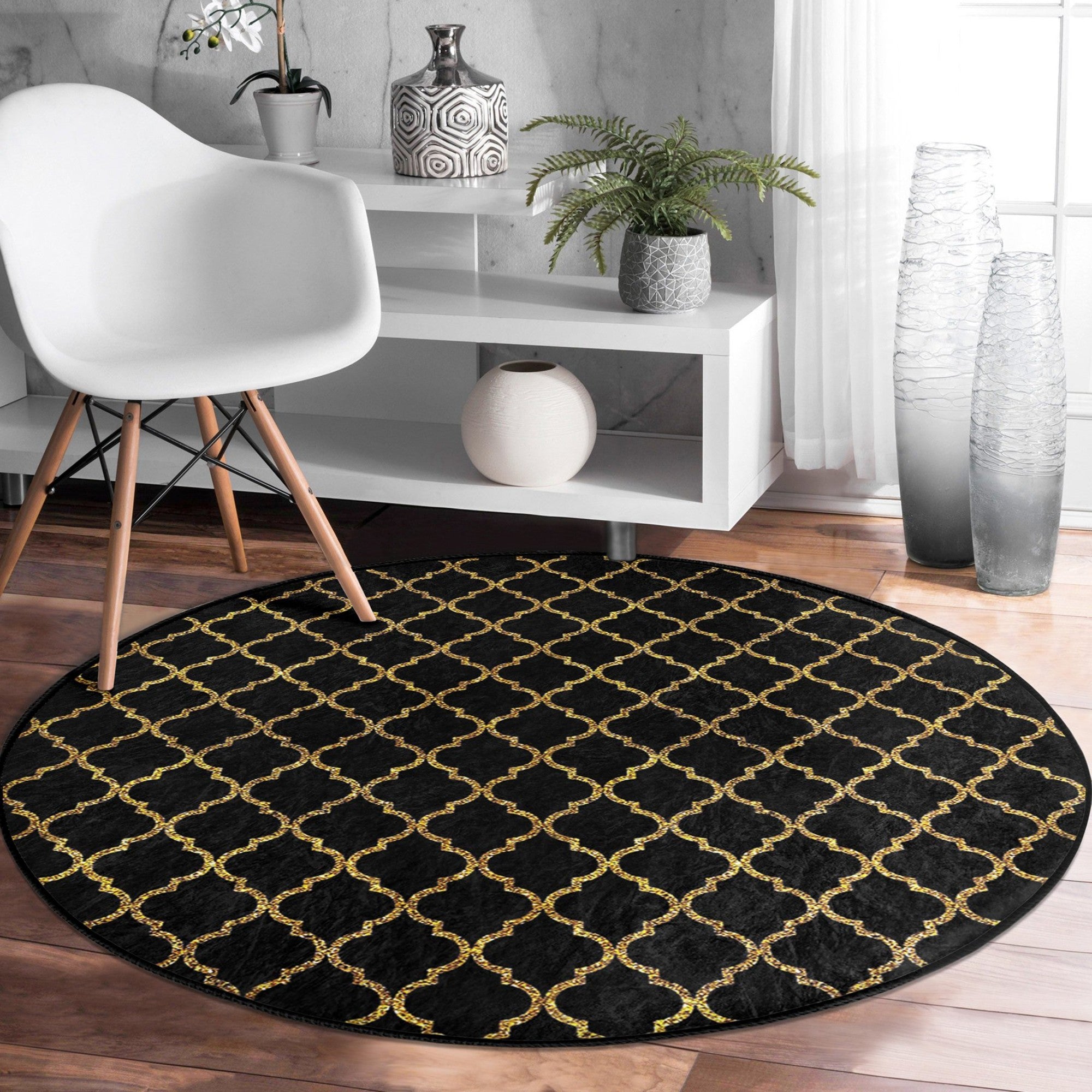 Gold Pattern on Black Colour Washable Round Rug showcasing an elegant design with a striking gold pattern on a black background, perfect for home decor.
