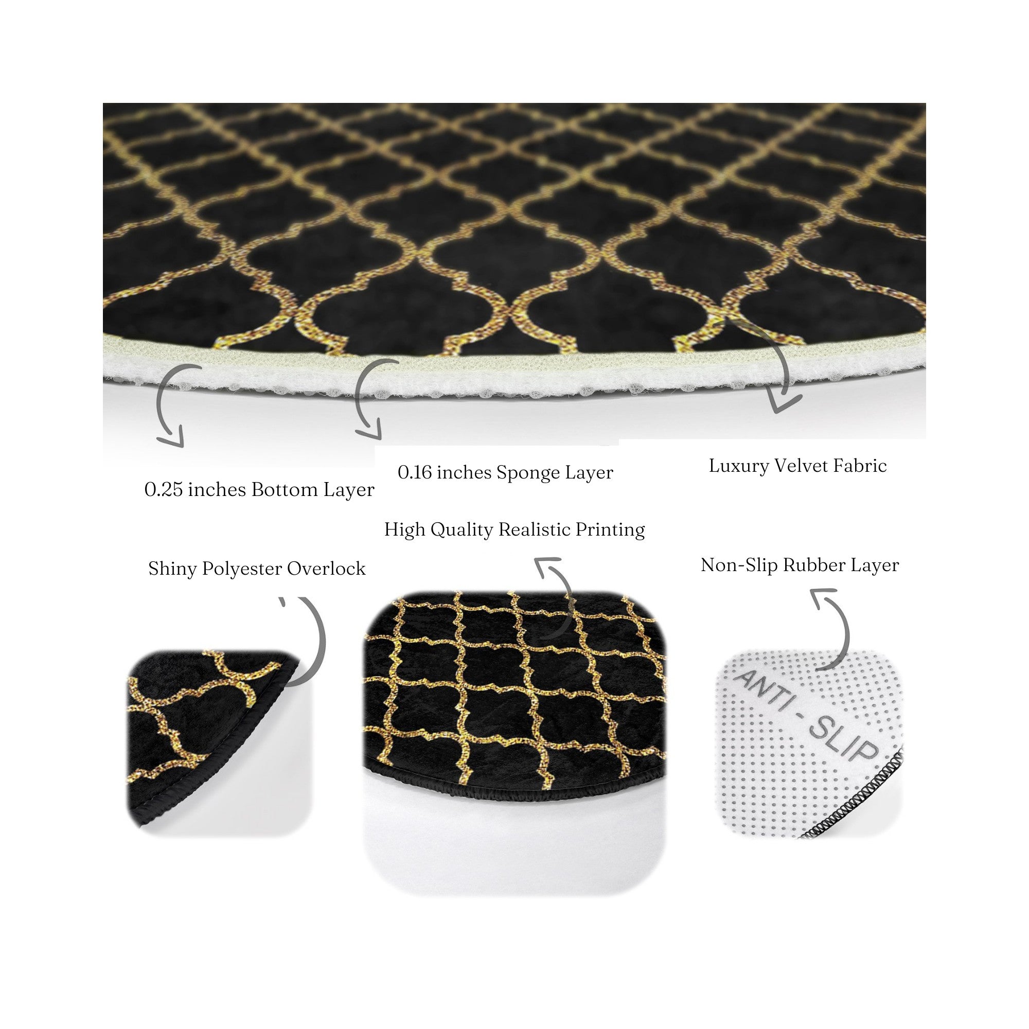 Gold Pattern on Black Colour Washable Round Rug showcasing an elegant design with a striking gold pattern on a black background, perfect for home decor.