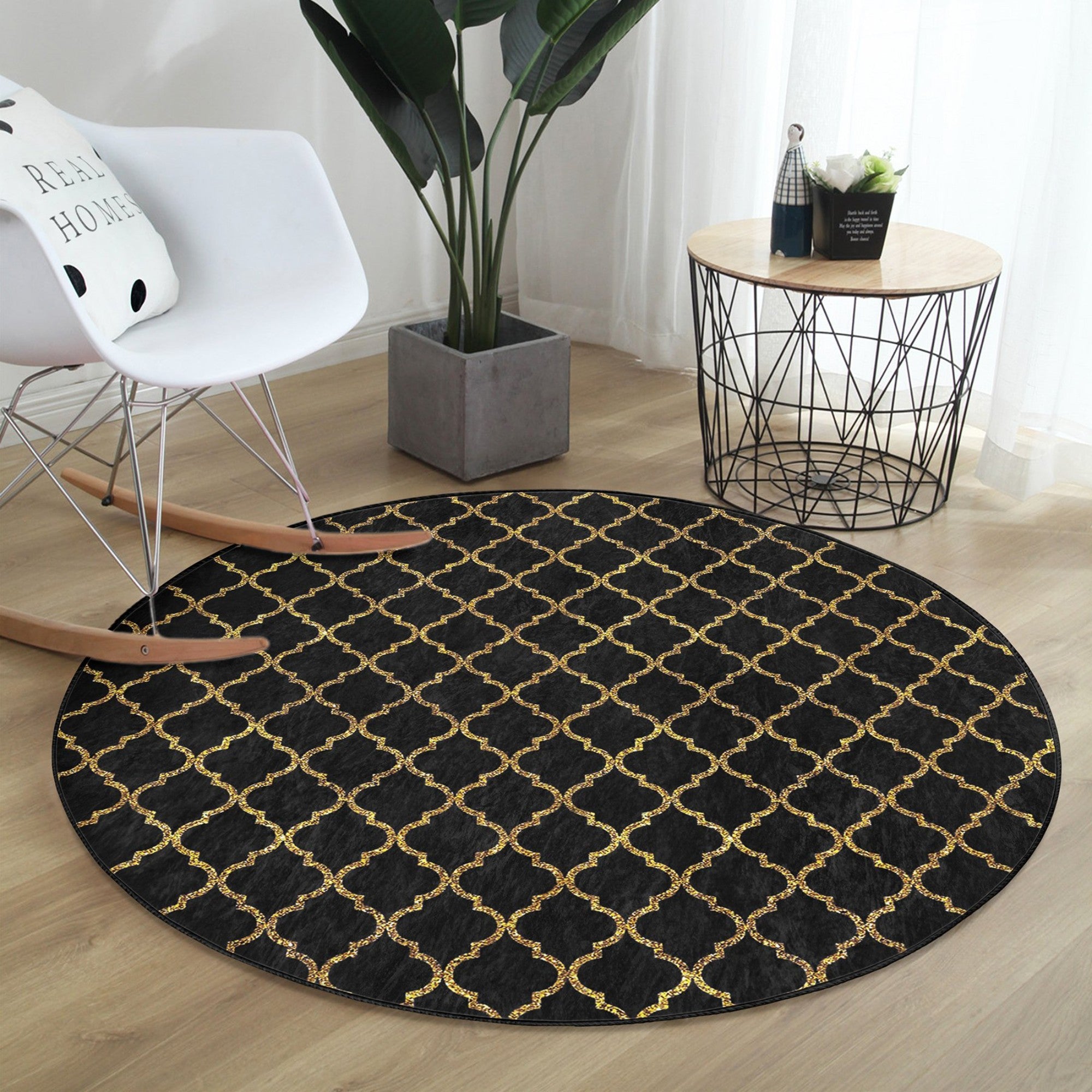 Gold Pattern on Black Colour Washable Round Rug showcasing an elegant design with a striking gold pattern on a black background, perfect for home decor.