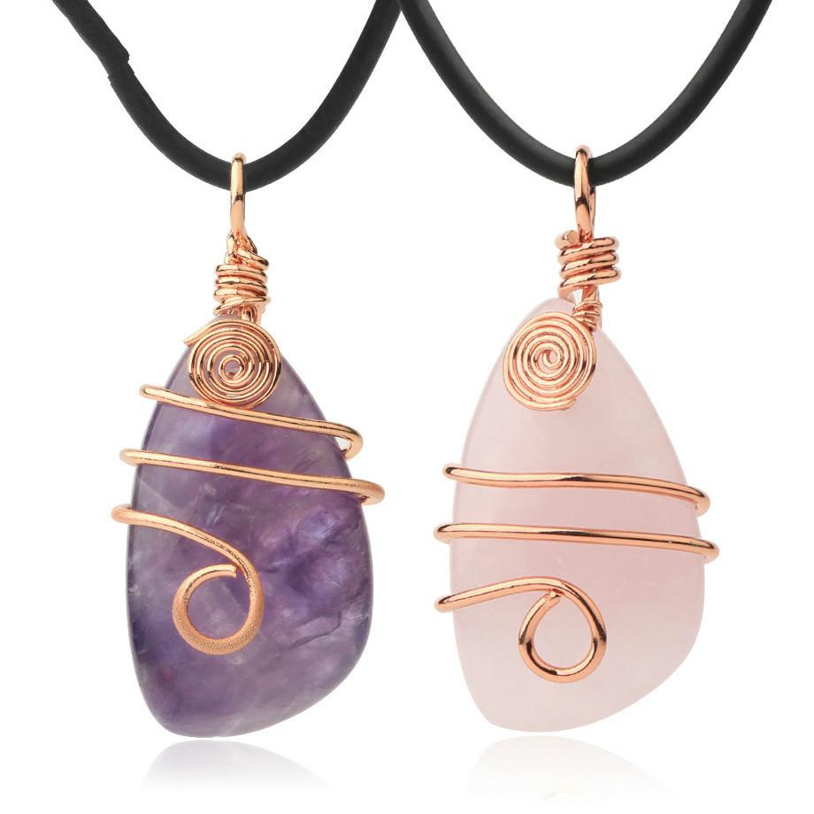 Gold plated wire winding irregular natural stone agate crystal pendant on a delicate chain, showcasing its unique design and craftsmanship.