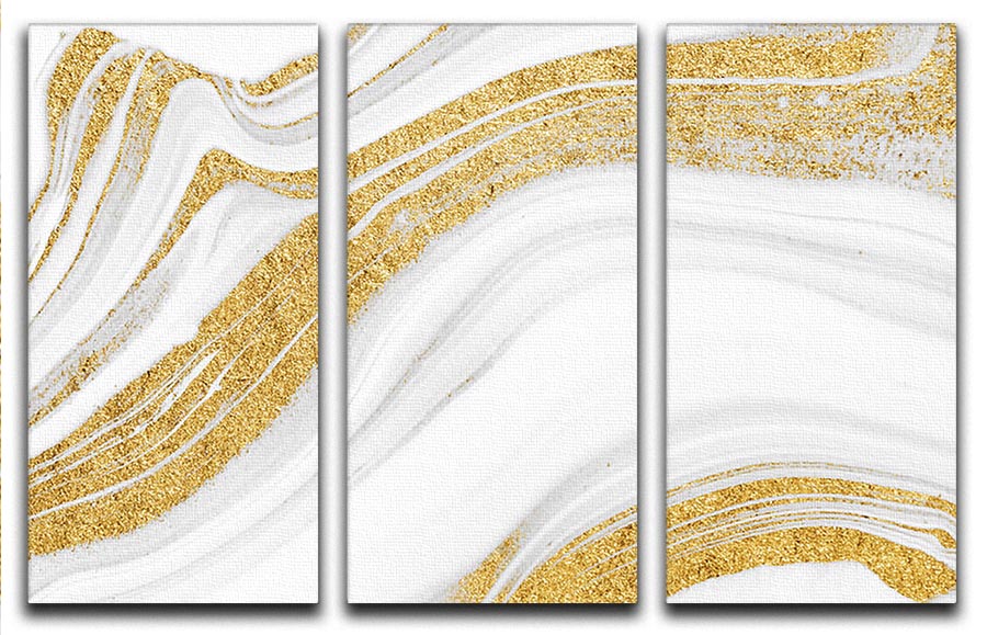 Gold White and Grey Marble Waves 3 Split Panel Canvas Print showcasing elegant marble patterns across three panels.