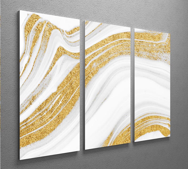 Gold White and Grey Marble Waves 3 Split Panel Canvas Print showcasing elegant marble patterns across three panels.