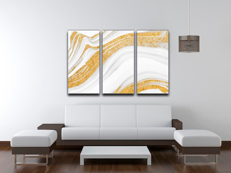 Gold White and Grey Marble Waves 3 Split Panel Canvas Print showcasing elegant marble patterns across three panels.