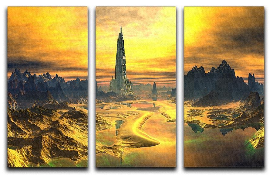 Golden Alien Landscape 3 Split Panel Canvas Print showcasing vibrant colors and abstract design, perfect for modern decor.