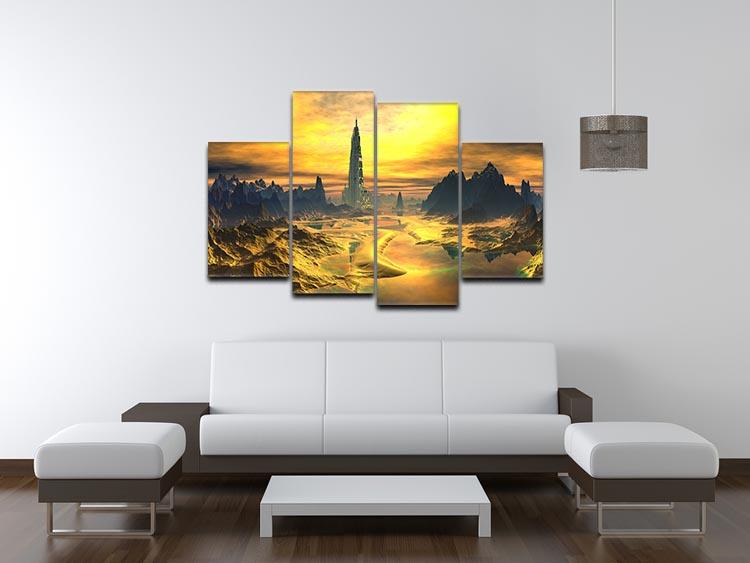 Golden Alien Landscape 4 Split Panel Canvas showcasing vibrant colors and intricate details across four separate panels.