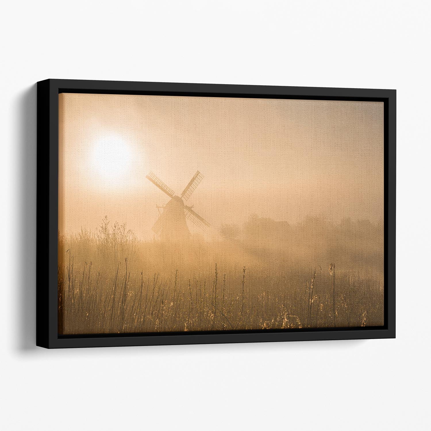 Golden Dawn Floating Framed Canvas featuring vibrant abstract design in elegant wooden frame, perfect for modern home decor.