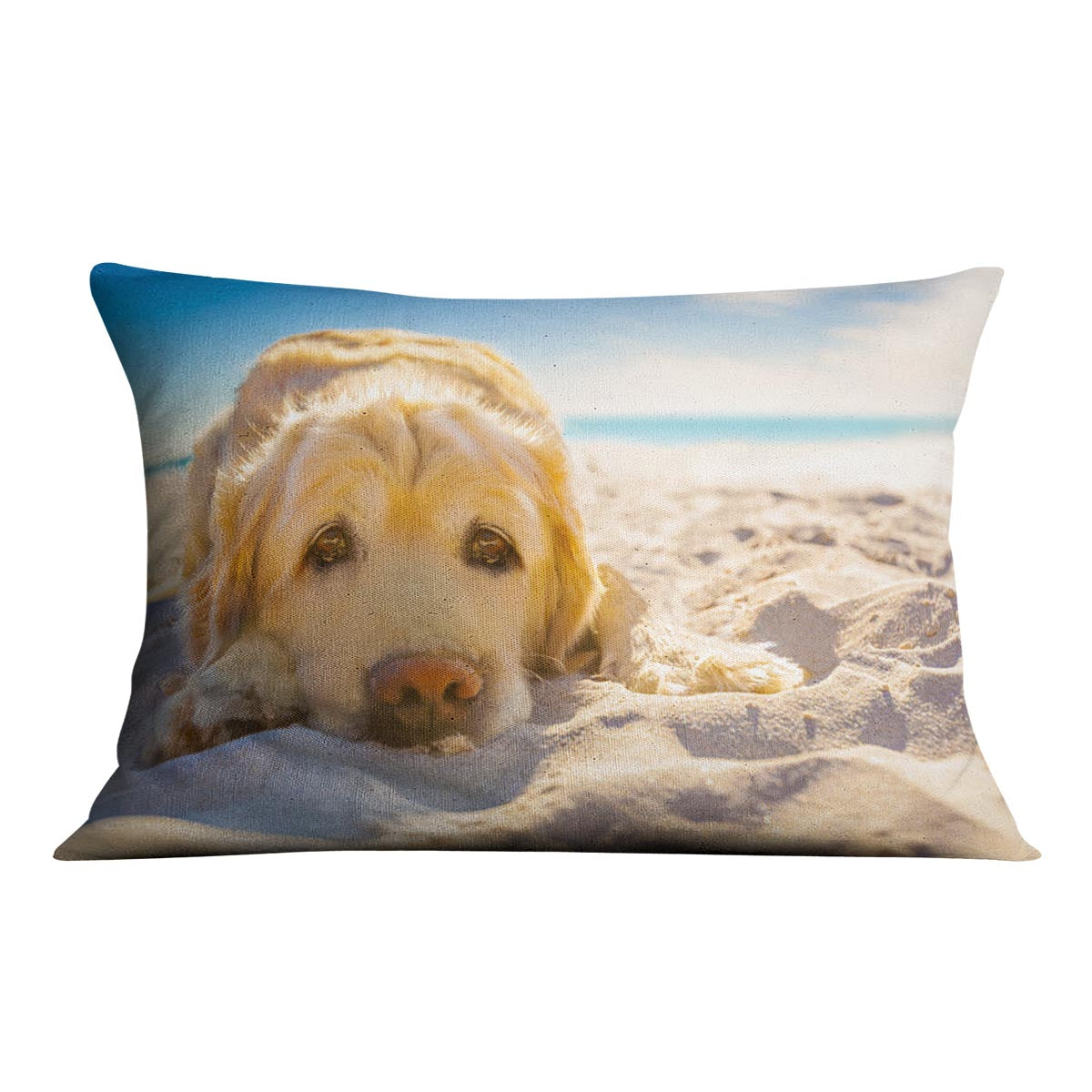 A vibrant Golden Retriever dog relaxing resting cushion made from luxurious vegan faux suede, featuring an abstract design and extra plump filling.