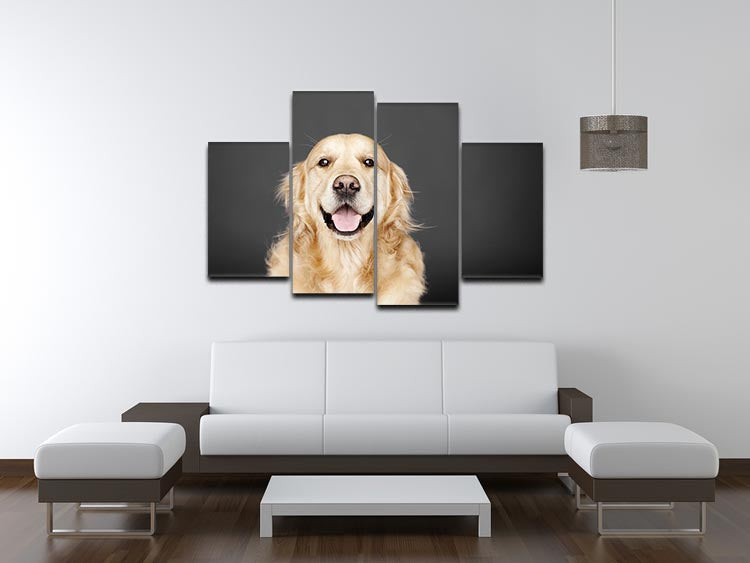 A beautiful Golden Retriever artwork displayed on a grey background, divided into four equal canvas panels, creating a dynamic and modern look.