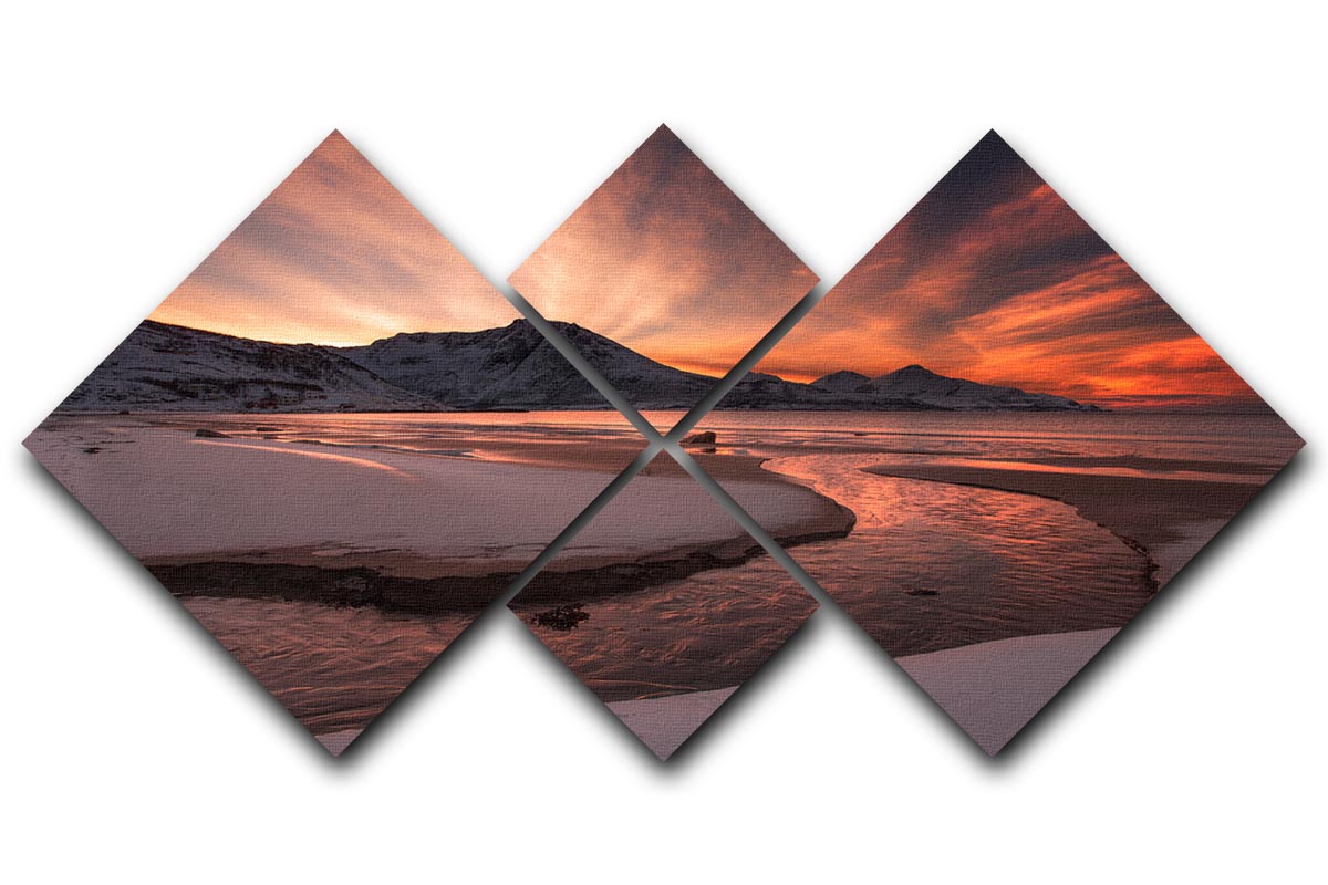 Golden Sunset 4 Square Multi Panel Canvas artwork featuring vibrant hues of gold, orange, and pink, divided into four equal panels.