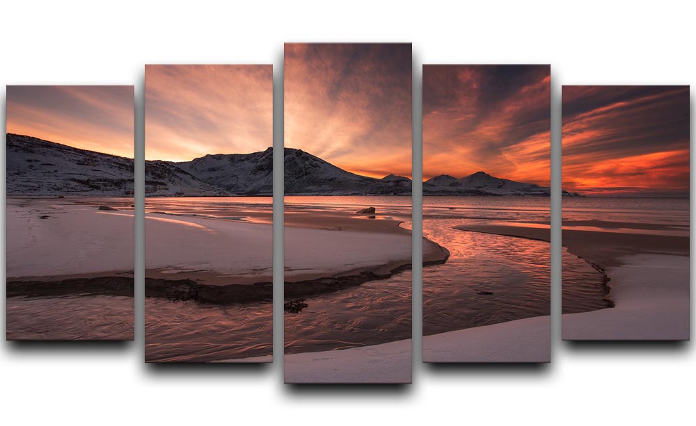Golden Sunset 5 Split Panel Canvas artwork featuring a vibrant sunset divided into five panels, creating a dynamic and engaging visual display.