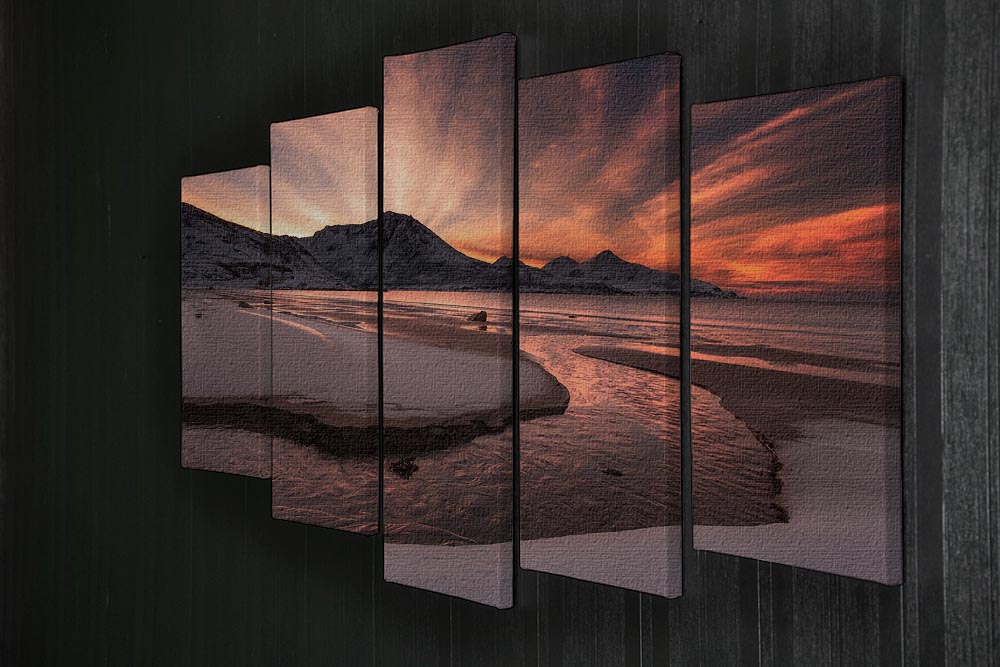 Golden Sunset 5 Split Panel Canvas artwork featuring a vibrant sunset divided into five panels, creating a dynamic and engaging visual display.