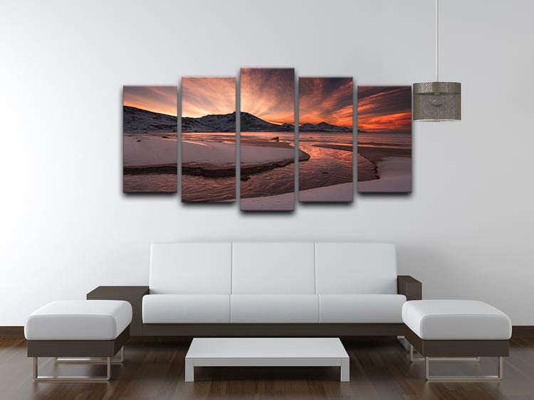 Golden Sunset 5 Split Panel Canvas artwork featuring a vibrant sunset divided into five panels, creating a dynamic and engaging visual display.