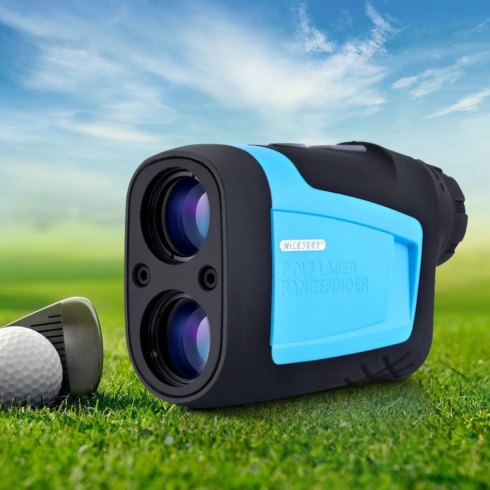 Golf Laser Range Finder with a sleek black and blue design, measuring distance, height, and speed, ideal for golfers and outdoor enthusiasts.