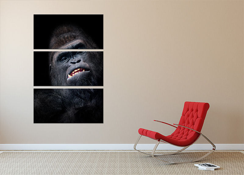 A stunning 3-panel canvas print featuring a gorilla face seen from above, showcasing intricate details and vibrant colors.