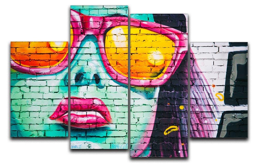 A vibrant 4-split canvas artwork featuring graffiti glasses, showcasing a dynamic and colorful design across four panels.