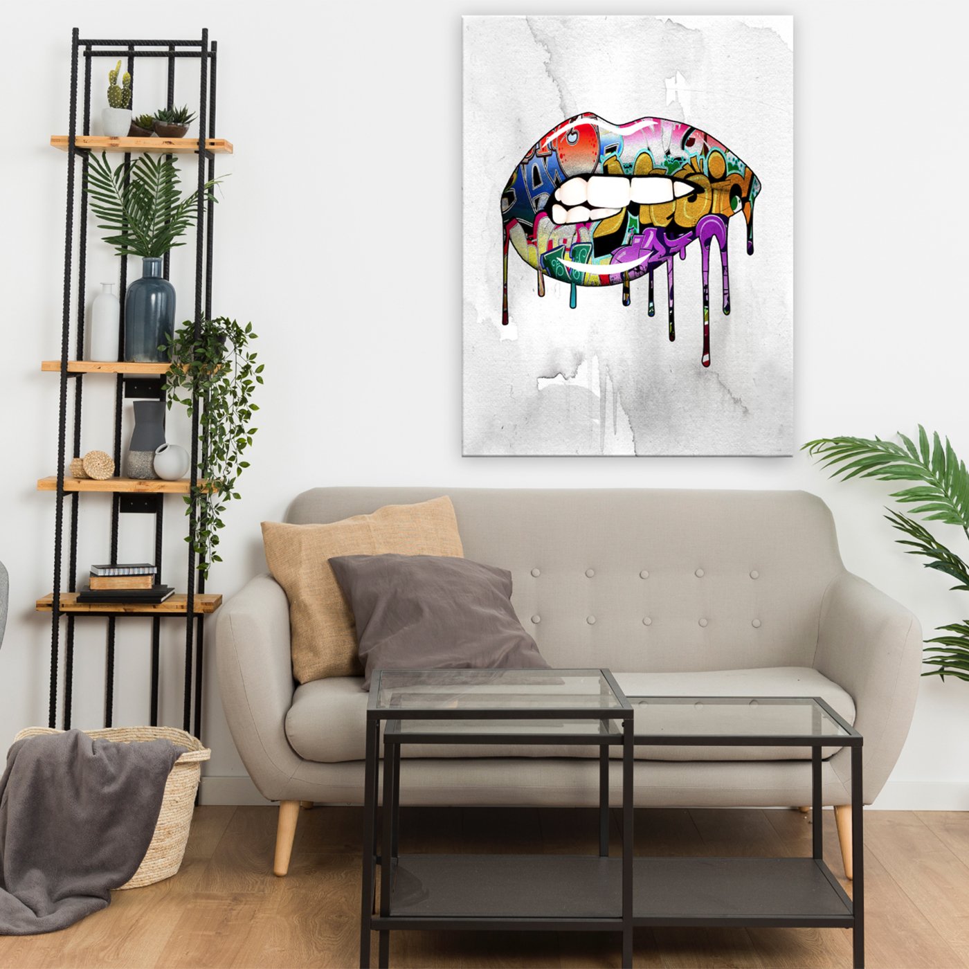 A vibrant Graffiti Lips Canvas featuring bold colors and artistic design, perfect for modern decor.